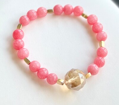 Handcrafted polished Pink Quartz stone crystal bracelets, with vintage look and faceted glass crystal pendant, gold accents - image3
